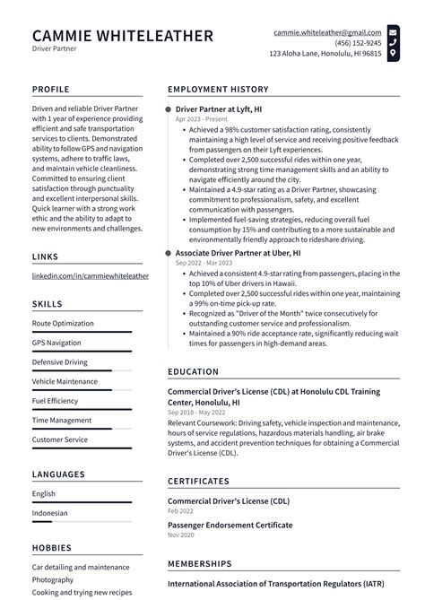 Uber Driver Partner Resume Examples | ResumeCat