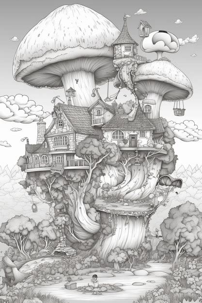 Premium AI Image | A drawing of a mushroom house with a house on top.