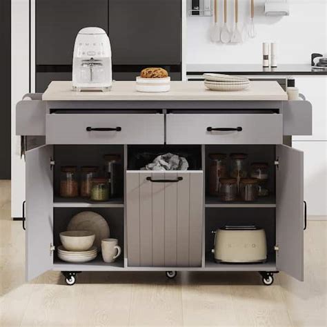 Famyyt Rolling Gray Drop Leaf Wood Countertop In Kitchen Island