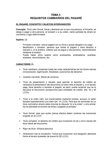 TEMA 3 Requisitos Cambiarios TEMA 3 REQUISITOS CAMBIARIOS DEL PAGARÉ