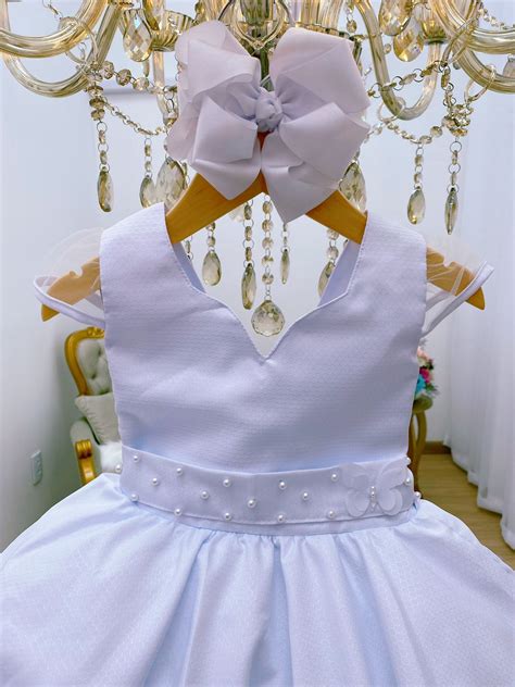 Vestido Infantil Branco Batizado Cinto Aplique De P Rola Rosa