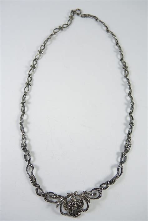 Vintage Full Length Sterling Silver Marcasite Necklace