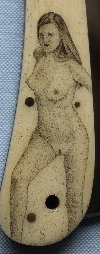 Nude Erotic Woman Naked Scrimshaw Knife Drawing Pinup Engraving Art