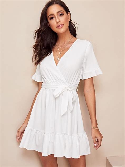 Shein Surplice Wrap Belted Ruffle Hem Dress Ruffle Hem Dress Hem