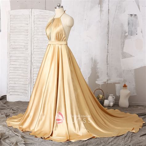 Shiny Silk Like Gold Satin Ruched Halter Prom Gown Lunss