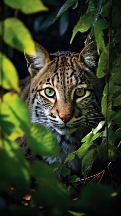 The glowing eyes of a bobcat half-hidden in dappled forest shade, its body coiled and ready to ...