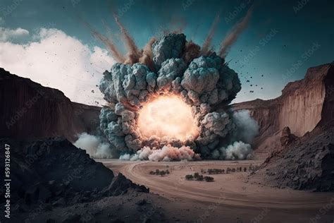 Explosive Explosion At A Quarry Mine With Open Pit Mining Generative