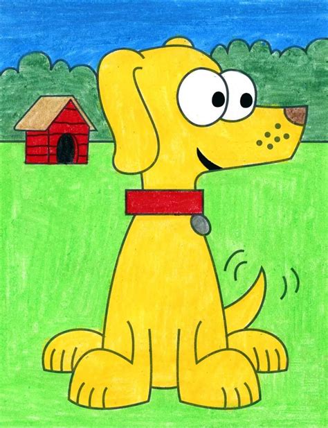 a drawing of a yellow dog with a red collar sitting in front of a birdhouse