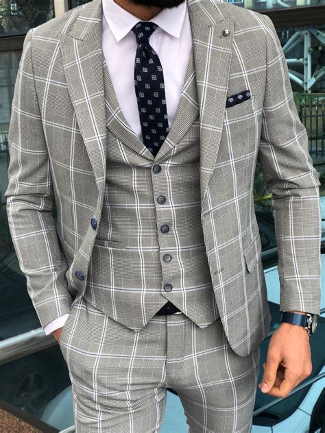 Austin Gray Plaid Slim Fit Suit Fashion Suits For Men Plaid Suit