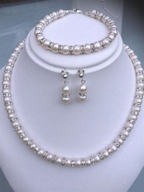 Freshwater Pearl And Diamante Bridal Jewellery Set Sterling Silver