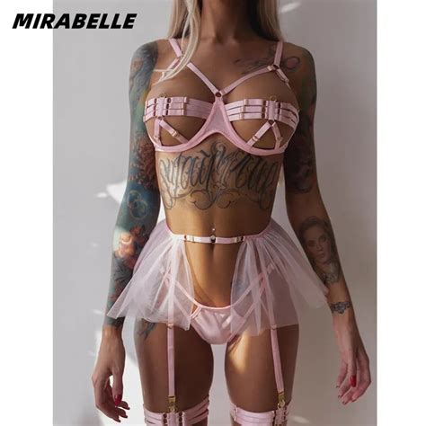 MIRABELLE Open Lingerie Sets For Women Ruffle G String Garter Bilizna