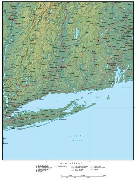 Connecticut State Map Plus Terrain with Cities & Roads