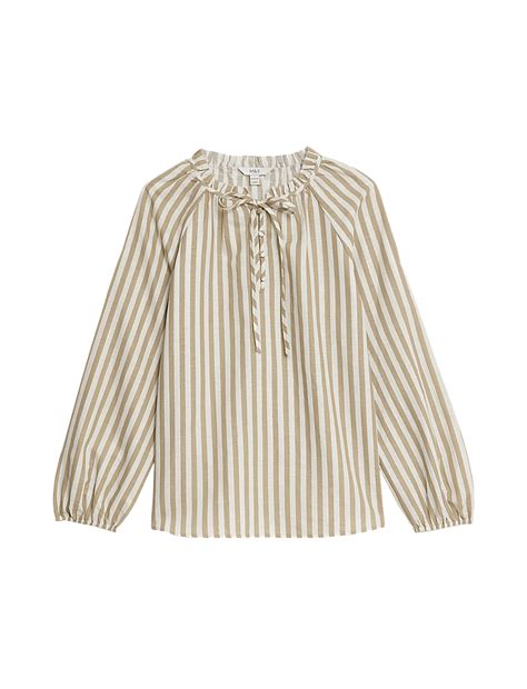 Buy Linen Rich Striped Tie Neck Blouse At Marks Spencer