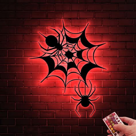 Spider Web Metal Wall Art Led Lights Halloween Spider Sign Etsy