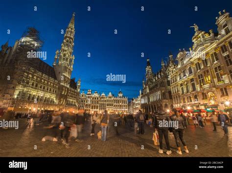 A Night View Of The Grand Place Central Square In Brussels, Belgium ...