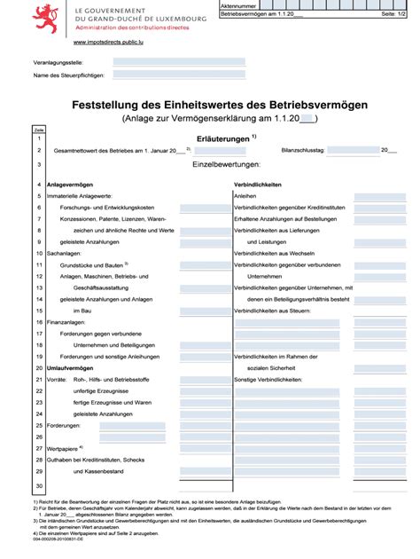 Ausfüllbar Online Feststellung des Einheitswertes des Betriebsvermgen