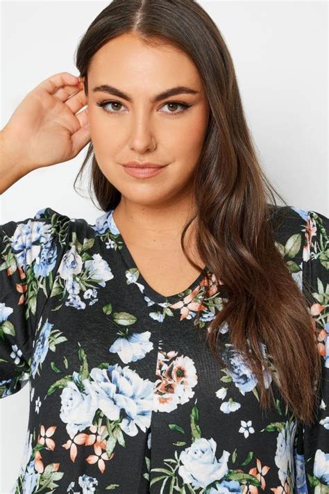 YOURS Plus Size Black Blue Floral Print Pleated Swing Top Yours