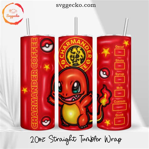 Charmander Starbucks 3D Puff 20oz Straight Skinny Tumbler Wrap PNG