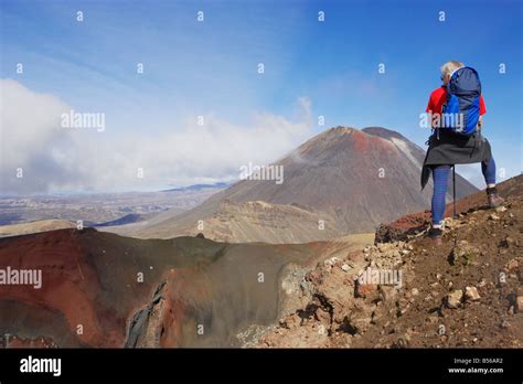 Hiker Looking At Red Crater And Mt Ngauruhoe Tongariro Crossing Tongariro National Park Ruapehu