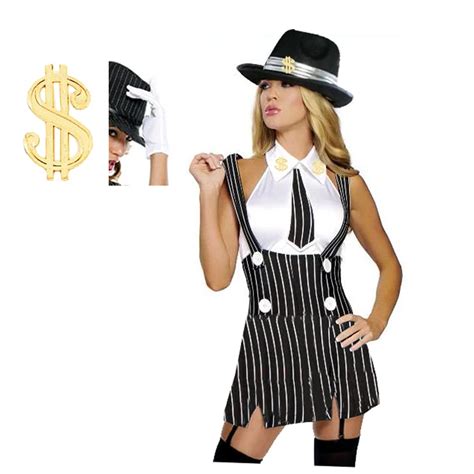 Free Shipping Gorgeous Gangster 20s Mob Mafia Women Costume Plus With Dollar Hat S M L Xl 2xl In