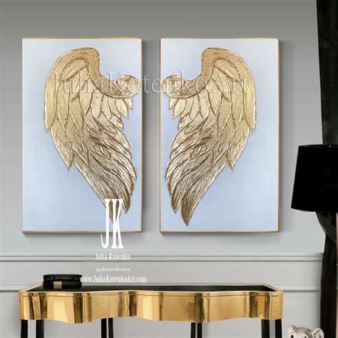 Gold Leaf Painting Angel Wings Wall Decor Oversize Painting Set Of 2