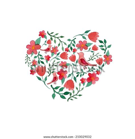 Watercolor Floral Heart Art Print Birds Stock Vector Royalty Free