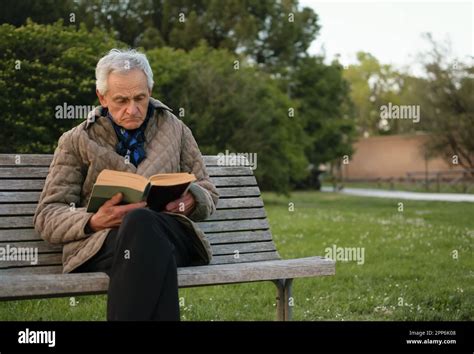 Old Man With Gray Hair Reading A Book Sited On An Bench Stock Photo Alamy