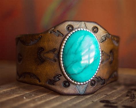 Native American Leather Turquoise Cuff Southwest Leather Bracelet