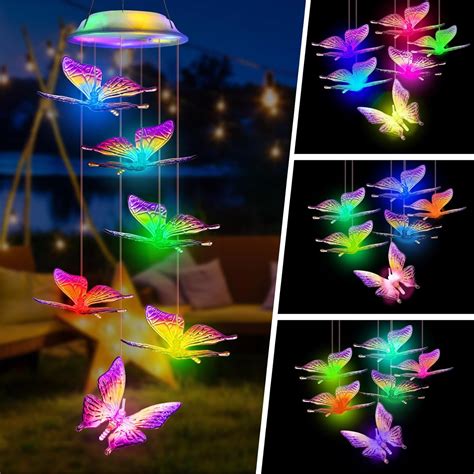 Fohil Solar Wind Chimes For Outside Color Changing Solar Butterfly