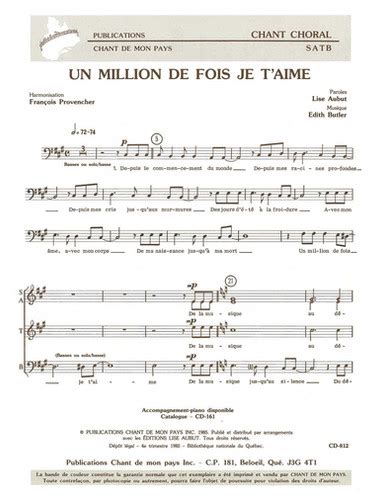 Un Million De Fois Je T Aime SATB Partitions Musicales