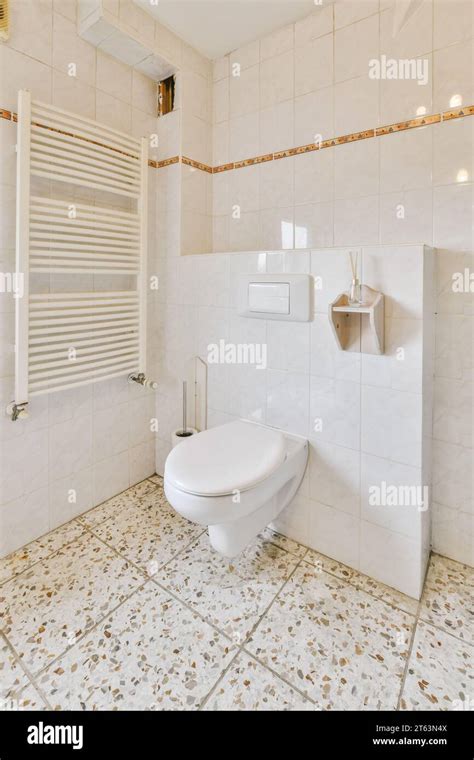 Interior Of Spacious Bathroom With Ceramic Toilet Seat And Rack Mounted