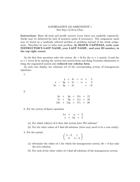 Seminar Assignments Linear Algebra And Geometry Assignment