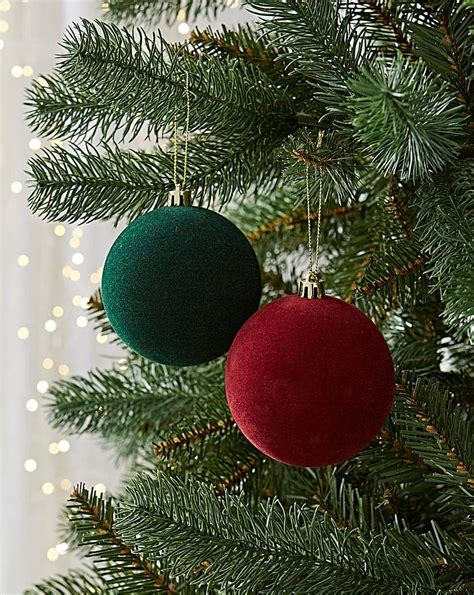 12 Pack Green Burgundy Flocked Baubles In 2021 Christmas Decorations Online Christmas