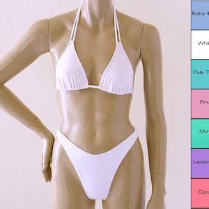 S S High Leg Brazilian Bikini Bottom And Double String Triangle Top In White Pink Turq