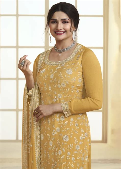 Saffron Yellow Chinon Embroidered Sharara Suit Urban Womania