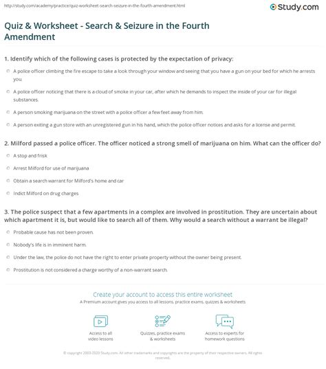 Quiz & Worksheet - Search & Seizure in the Fourth Amendment | Study.com