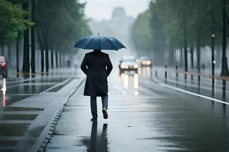 Un Hombre Camina Por Una Calle Mojada Con Un Paraguas Bajo La Lluvia