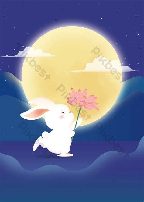 Mid Autumn Festival Rabbit Blue Fantasy Mid-autumn Watching The Moon ...