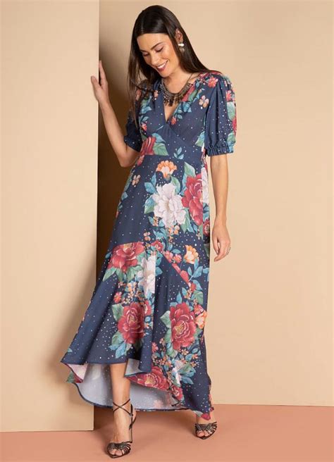 Vestido Longo Floral Marinho Babado Na Barra Quintess