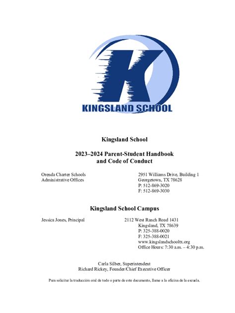 Fillable Online Kingsland School 20232024 Parent Student Handbook And