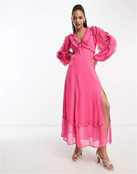 Miss Selfridge Textured Chiffon Ruffle Detail Maxi Dress In Hot Pink Asos