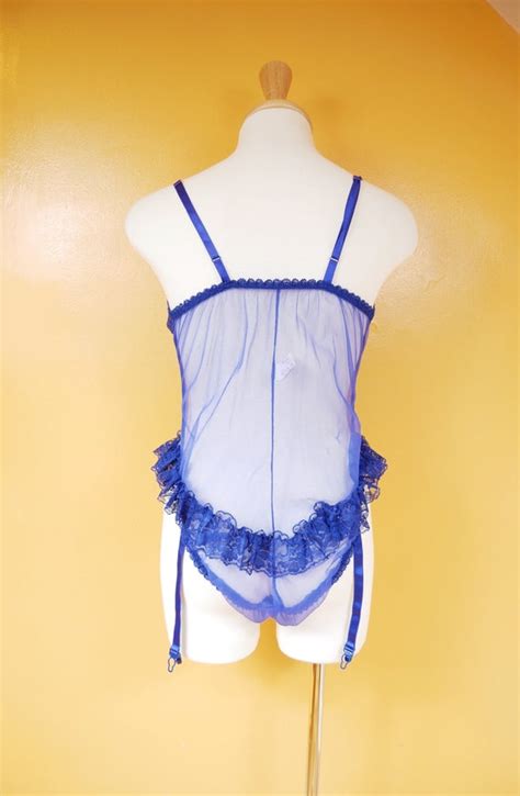 Sheer Cobalt Blue Lacey Teddy Body Suit Gem