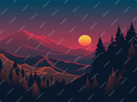 Premium Vector | Glowing sunset at mountain Vector nature landscape