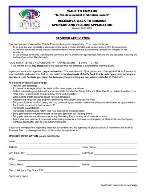 Fillable Online Emmaus Pilgrim Application Sponsor Form Fax Email