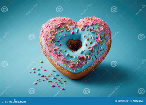 Heart Shaped Donut With Pink Icing And Sprinkles On Blue Background