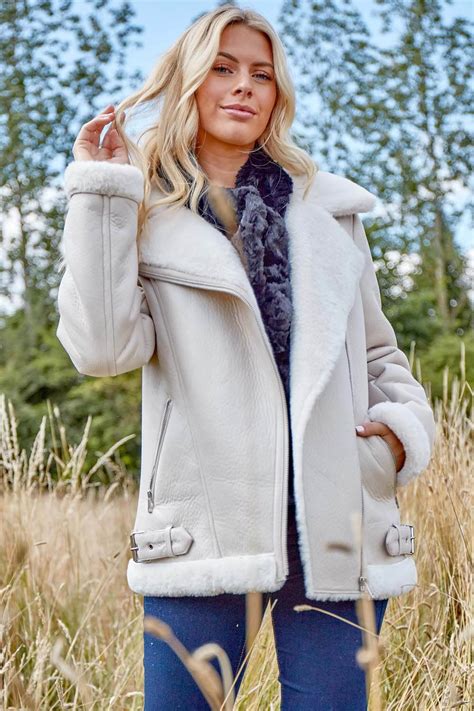 Faux Fur Lined Zip Detail Aviator Jacket In Ivory Roman Originals Uk