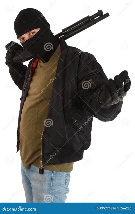 Robber In Black Mask With Shotgun Stock Photo Image Of Balaclava