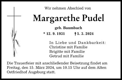 Traueranzeigen Von Margarethe Pudel Augsburger Allgemeine Zeitung