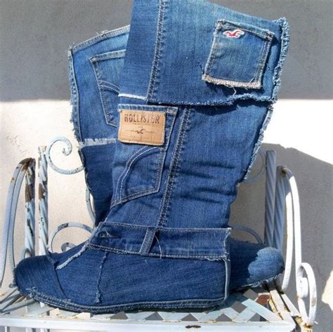 Womens Denim Knee Boots Slouch Blue Jean Boots Up Etsy Boots