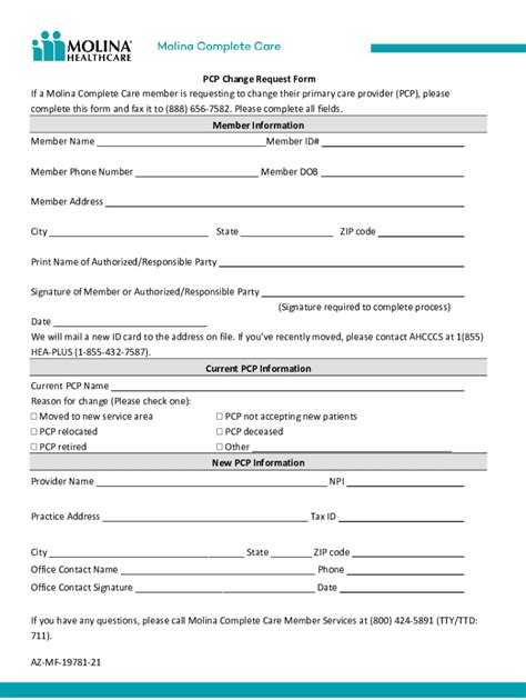 Fillable Online Pcp Change Request Form Molina Healthcaremember